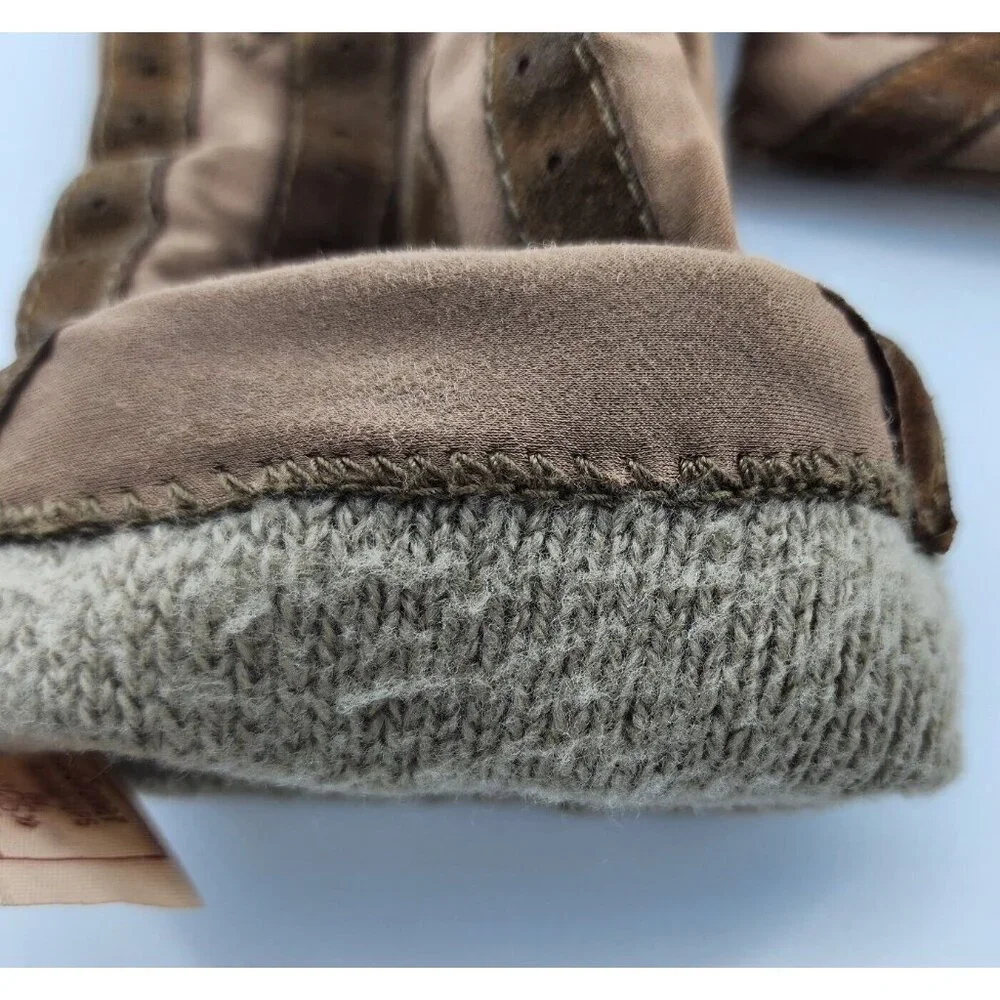 VTG Aris Isotoner Tan Women Fleece Lined Gloves Suede Brown Trim Warm Ups Large‎ - Picture 4 of 6